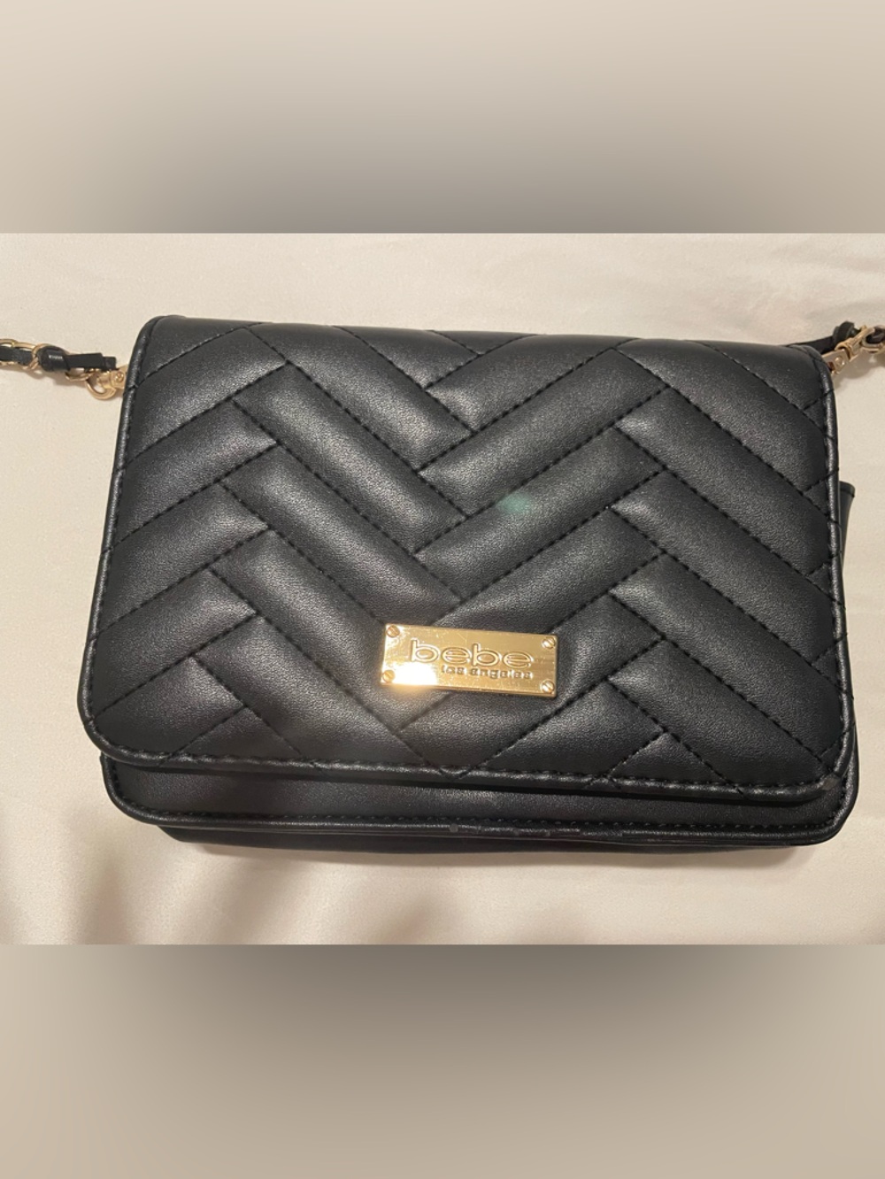 bebe Black Quilted Crossbody with Gold Plate
